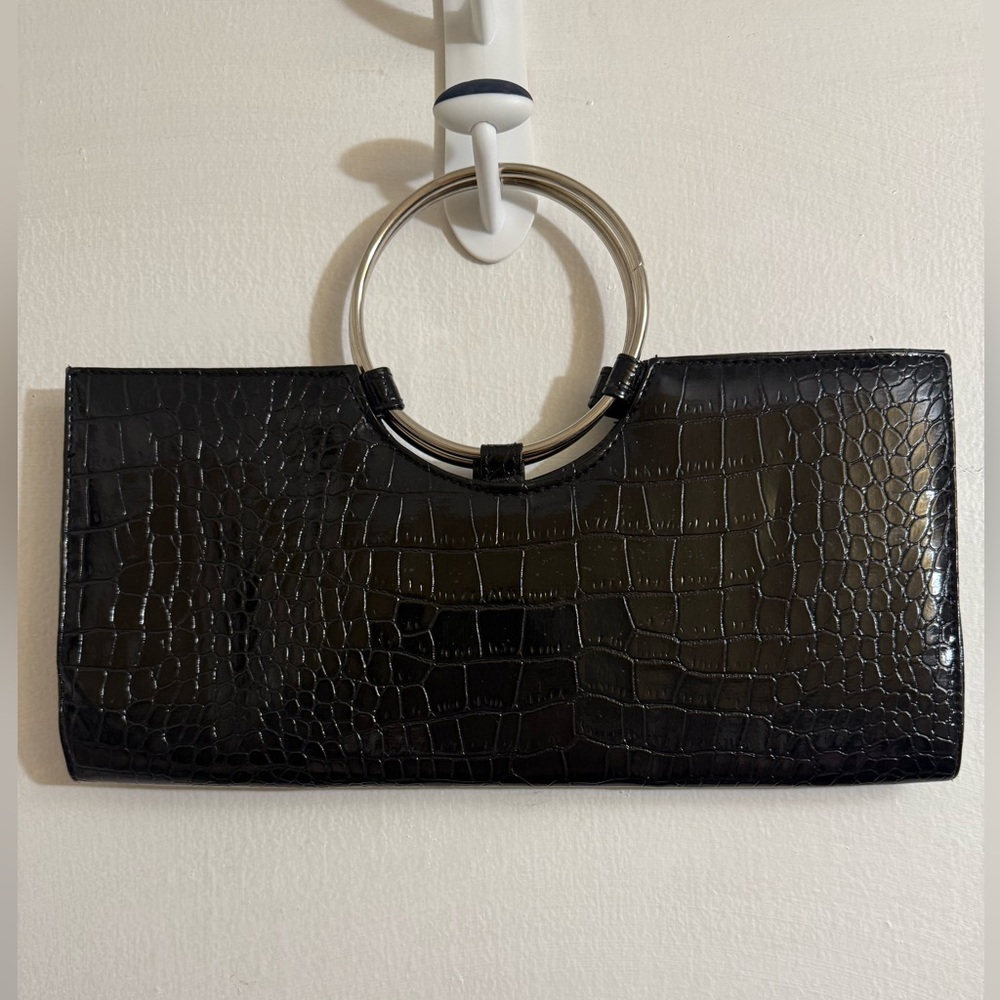 Giannini Black Crocodile-Embossed Clutch with Silver Ring‎ Handle